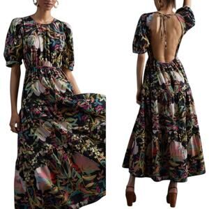 Anthropologie Conditions Apply Women Maxi Dress Black Floral Puff Sleeve | Small